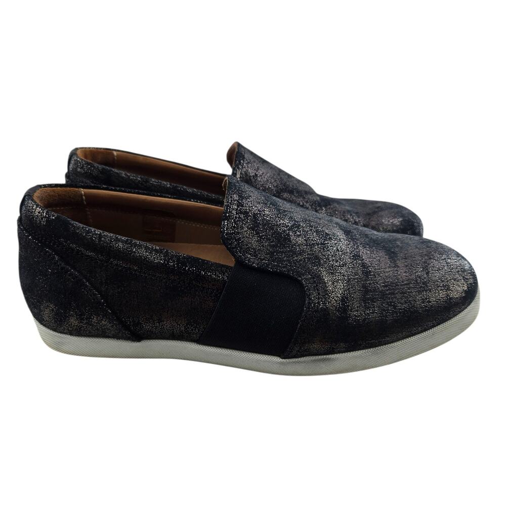 ATM Slip On Sneakers Womens 6.5 37 Metallic Black Suede‎ Glitter Designer Casual